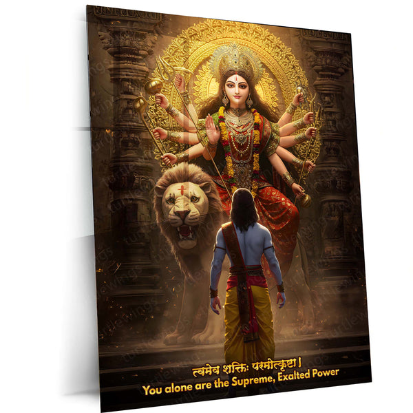 Maa Durga & Lord Ram Metal Poster | Divine Power & Victory Art | Spiritual Wall Frame Décor