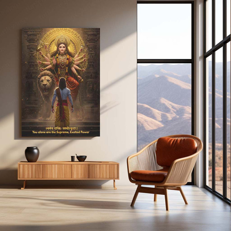 Maa Durga & Lord Ram Metal Poster | Divine Power & Victory Art | Spiritual Wall Frame Décor