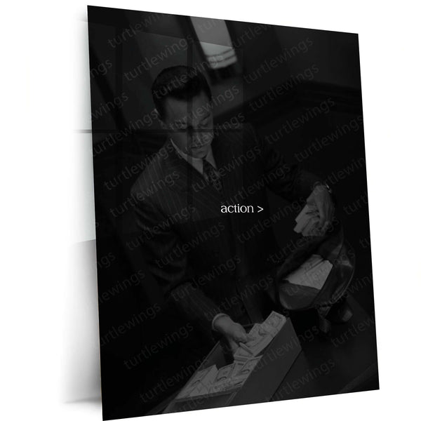 Quote Metal Poster | Action Motivational Quote Metal Poster | Black & White Money Success Mindset Wall Art | Premium Metal