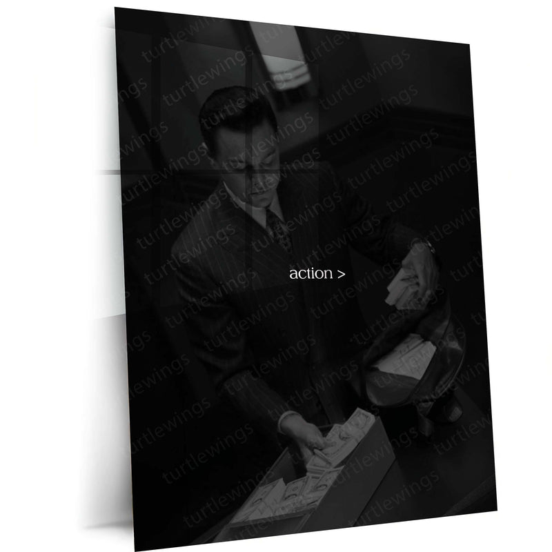 Quote Metal Poster | Action Motivational Quote Metal Poster | Black & White Money Success Mindset Wall Art | Premium Metal