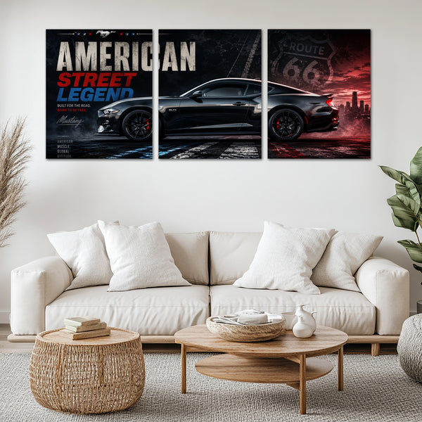 Car Metal Poster Set of 3 | Ford Mustang GT American Street Legend Route 66 Triptych Wall Art