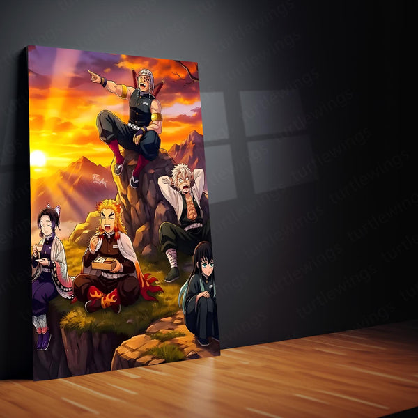 Anime Metal Poster Set of 3 | Demon Slayer Hashira Sunset Mountain Triptych Wall Art