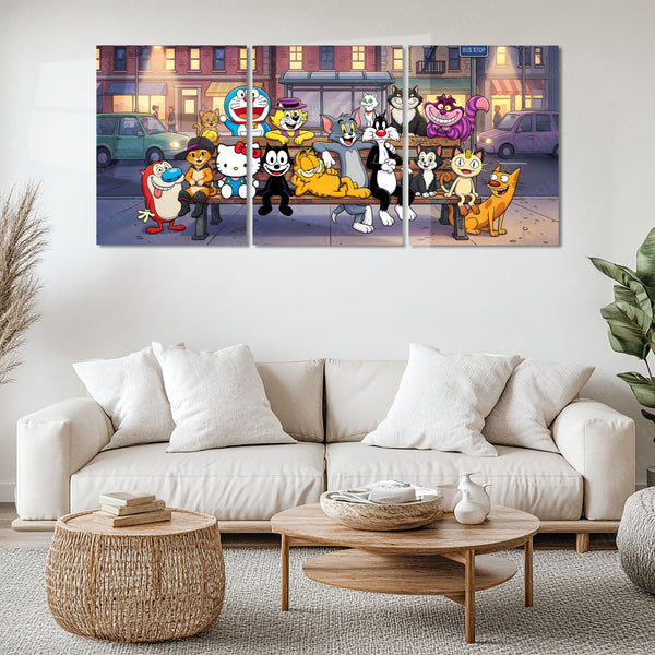 Cartoon Metal Poster Set of 3 | Classic Cartoon Bus Stop Triptych Wall Art