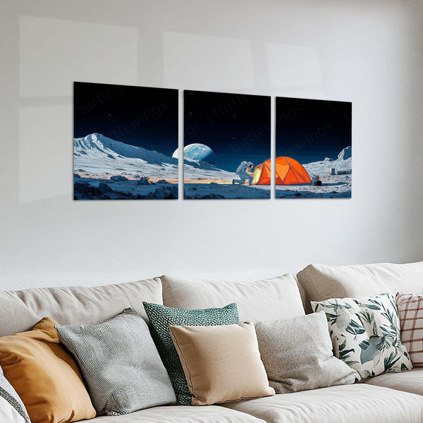 Aesthetic Metal Poster Set of 3 | Astronaut Moon Camping Scene | Cosmic Triptych Wall Art – product image 2