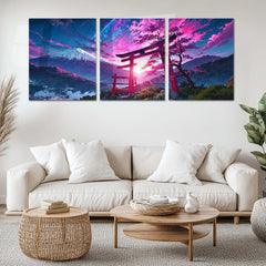 Aesthetic Metal Poster Set of 3 | Mount Fuji & Torii Gate | Sakura Sunset Triptych Wall Art – main product image