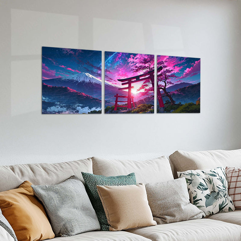 Aesthetic Metal Poster Set of 3 | Mount Fuji & Torii Gate | Sakura Sunset Triptych Wall Art – product image 2