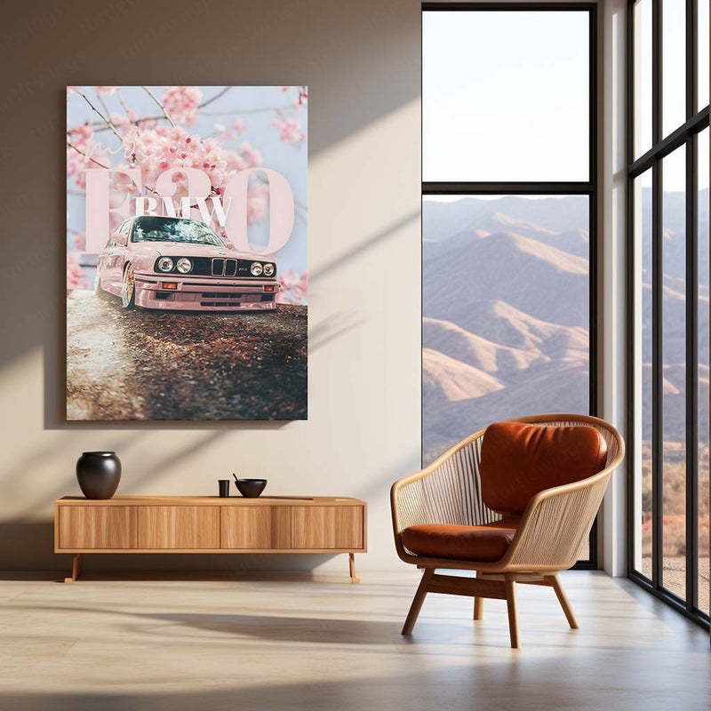 BMW E30 Cherry Blossom Metal Poster | Sakura BMW M3 Aesthetic Wall Art