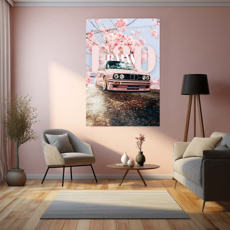 BMW E30 Cherry Blossom Metal Poster | Sakura BMW M3 Aesthetic Wall Art