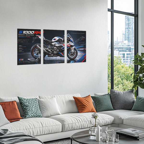 Bike Metal Poster Set of 3 | BMW S1000RR Track Weapon Racing Triptych Wall Art