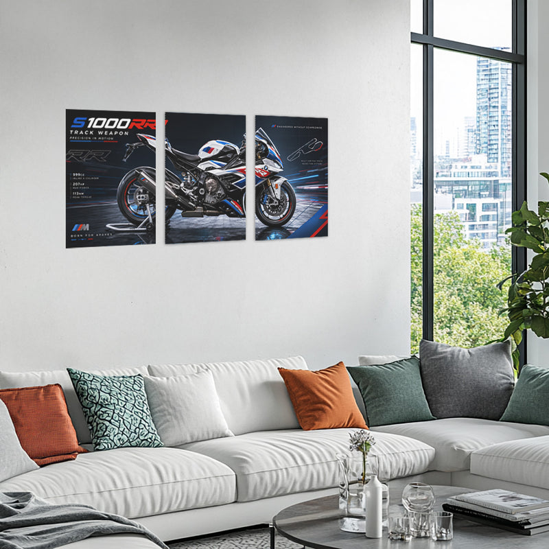 Bike Metal Poster Set of 3 | BMW S1000RR Track Weapon Racing Triptych Wall Art
