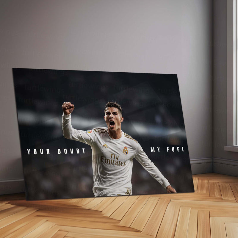 Cristiano Ronaldo – Your Doubt Is My Fuel Metal Poster CR7 Motivation Wall Art | Football Legend Inspirational Metal Frame