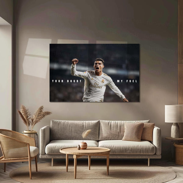 Cristiano Ronaldo – Your Doubt Is My Fuel Metal Poster CR7 Motivation Wall Art | Football Legend Inspirational Metal Frame