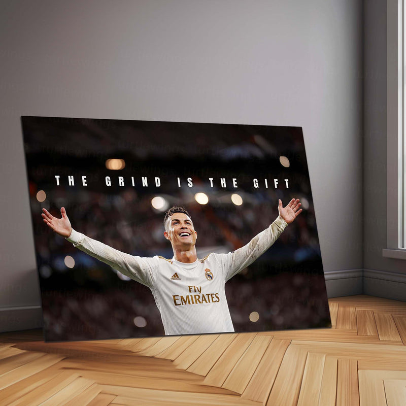 Cristiano Ronaldo – The Grind Is The Gift Metal Poster CR7 Success Mindset Wall Art | Football Motivation Metal Frame