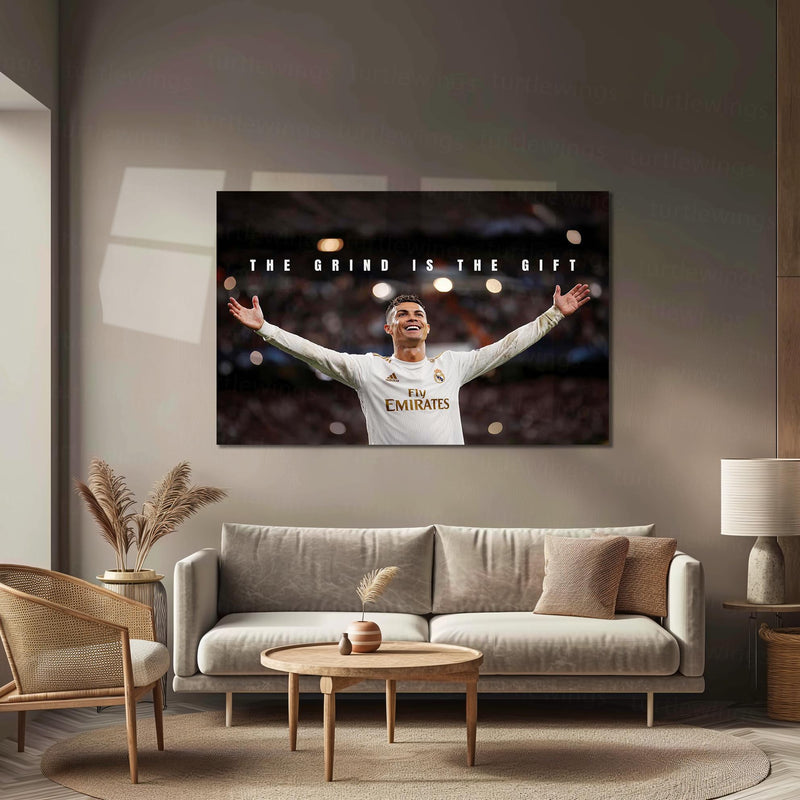 Cristiano Ronaldo – The Grind Is The Gift Metal Poster CR7 Success Mindset Wall Art | Football Motivation Metal Frame