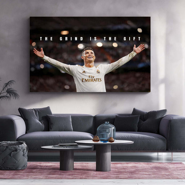 Cristiano Ronaldo – The Grind Is The Gift Metal Poster CR7 Success Mindset Wall Art | Football Motivation Metal Frame
