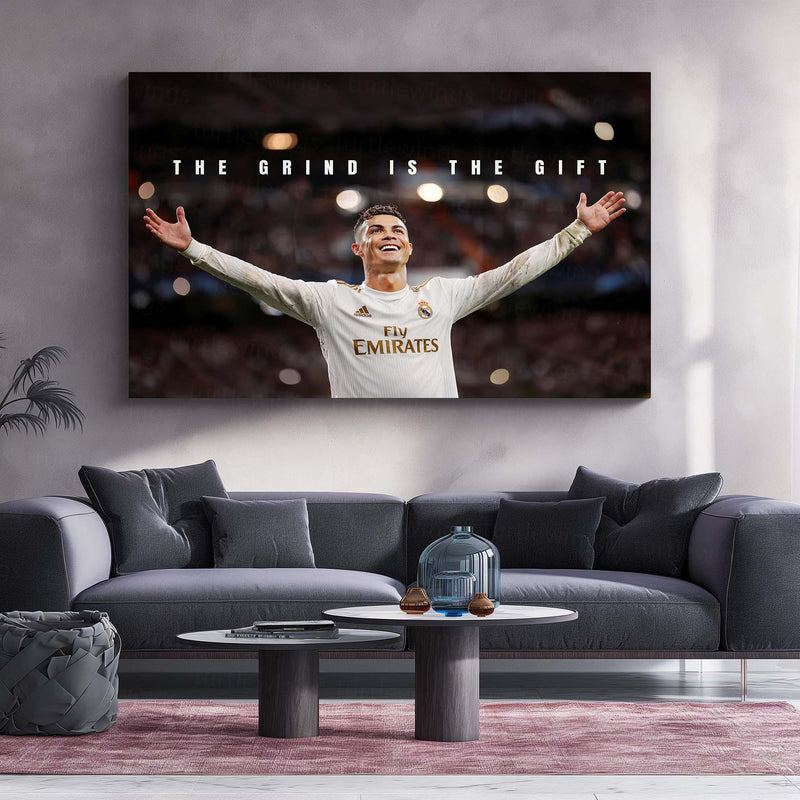 Cristiano Ronaldo – The Grind Is The Gift Metal Poster CR7 Success Mindset Wall Art | Football Motivation Metal Frame