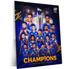 Cricket Metal Frame | Team India Champions Metal Poster | ICC Men's T20 World Cup 2026 Victory Wall Art | Cricket Team Celebration Metal Frame