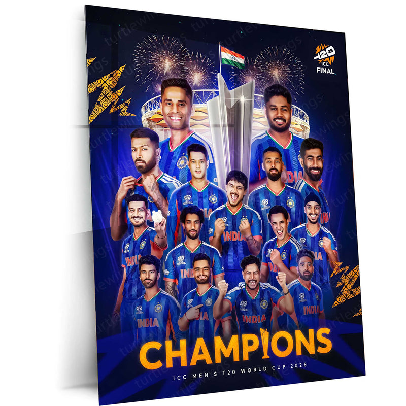 Cricket Metal Frame | Team India Champions Metal Poster | ICC Men's T20 World Cup 2026 Victory Wall Art | Cricket Team Celebration Metal Frame