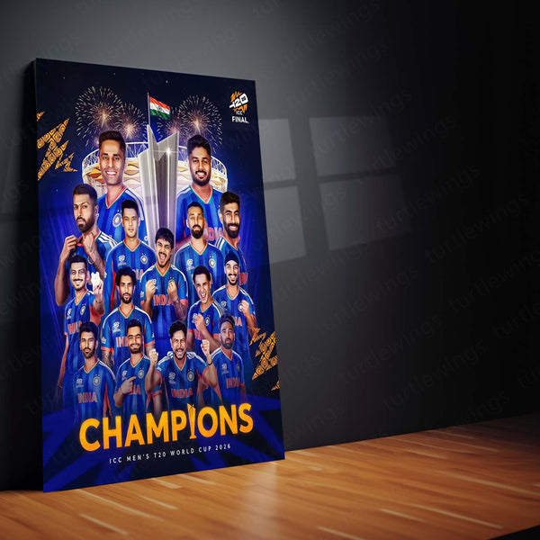 Cricket Metal Frame | Team India Champions Metal Poster | ICC Men's T20 World Cup 2026 Victory Wall Art | Cricket Team Celebration Metal Frame