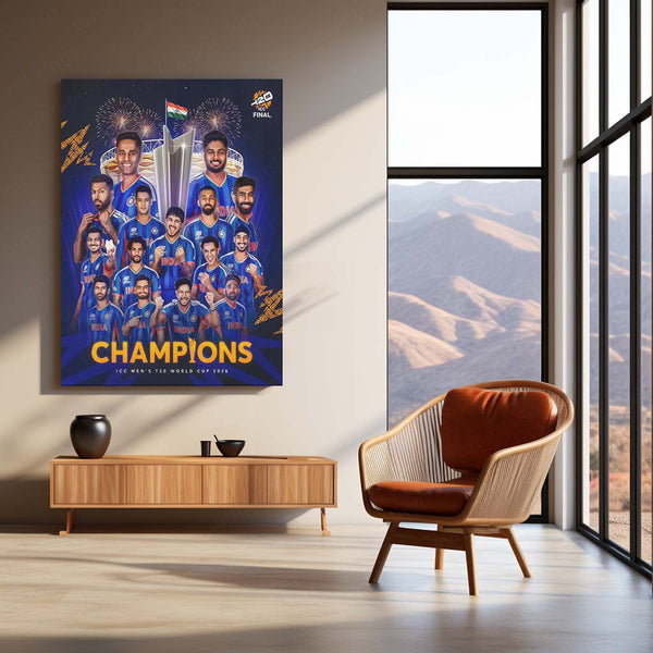 Cricket Metal Frame | Team India Champions Metal Poster | ICC Men's T20 World Cup 2026 Victory Wall Art | Cricket Team Celebration Metal Frame