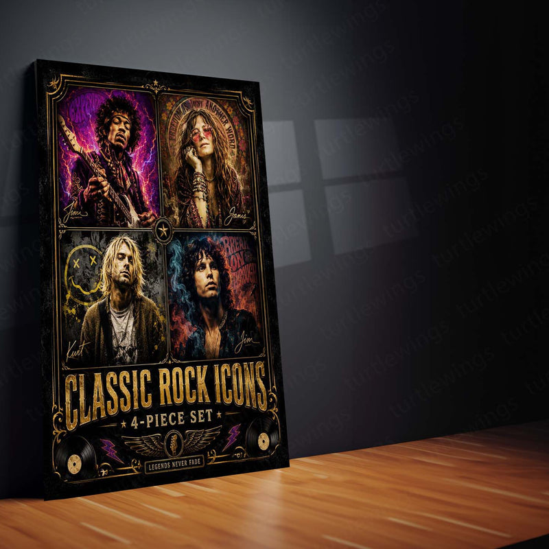 Classic Rock Icons – 4 Piece Set | Vintage Rock Legends Metal Frame | Retro Music Wall Art by TurtleWings