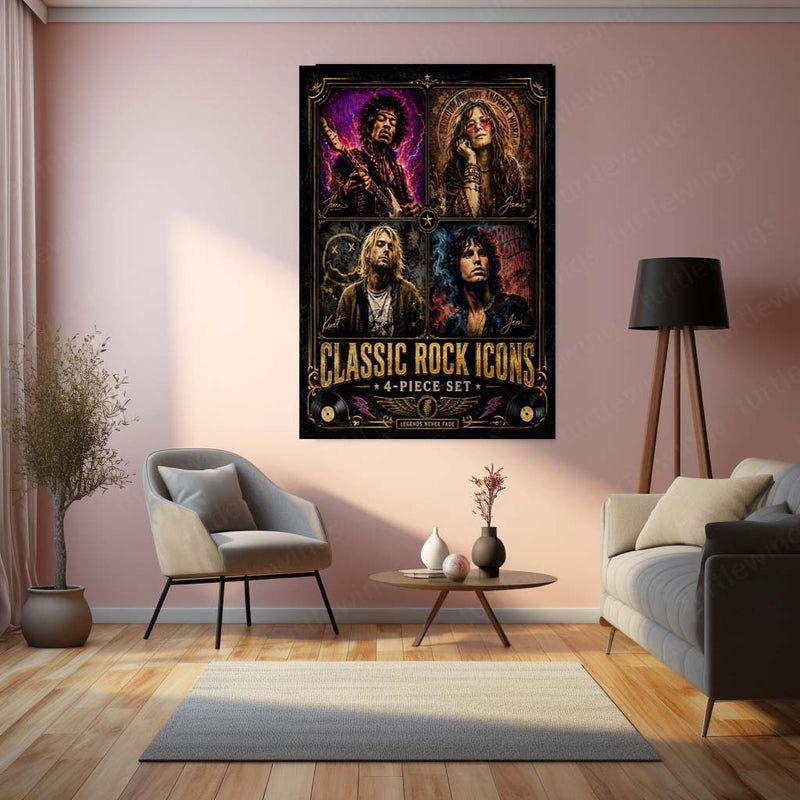 Classic Rock Icons – 4 Piece Set | Vintage Rock Legends Metal Frame | Retro Music Wall Art by TurtleWings
