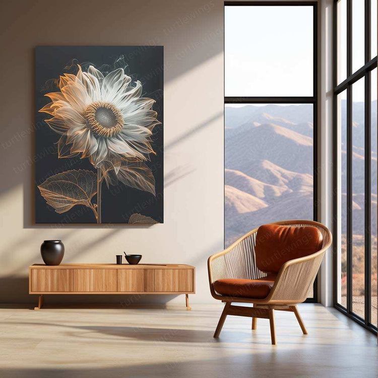 White Semi-Transparent Sunflower Line Art – Elegant Metal Poster - TURTLEWINGS 