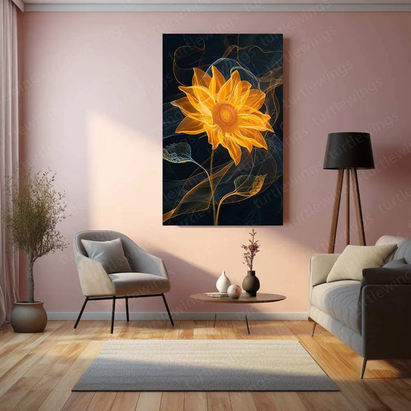 Yellow Sunflower Line Art – Elegant Metal Poster - TURTLEWINGS 