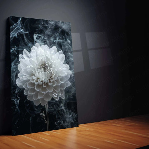 White Chrysanthemum Line Art on Black Background – Elegant Metal Poster - TURTLEWINGS 