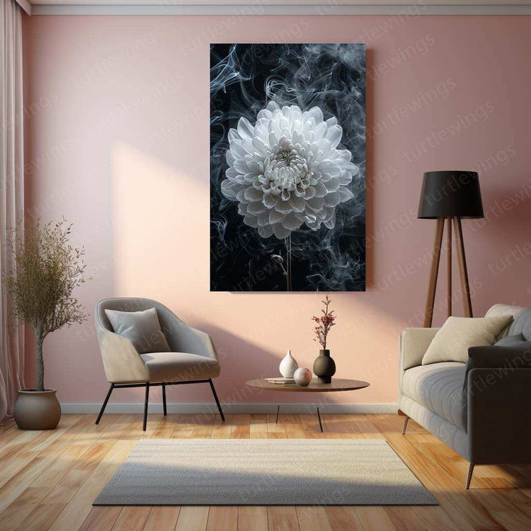 White Chrysanthemum Line Art on Black Background – Elegant Metal Poster - TURTLEWINGS 