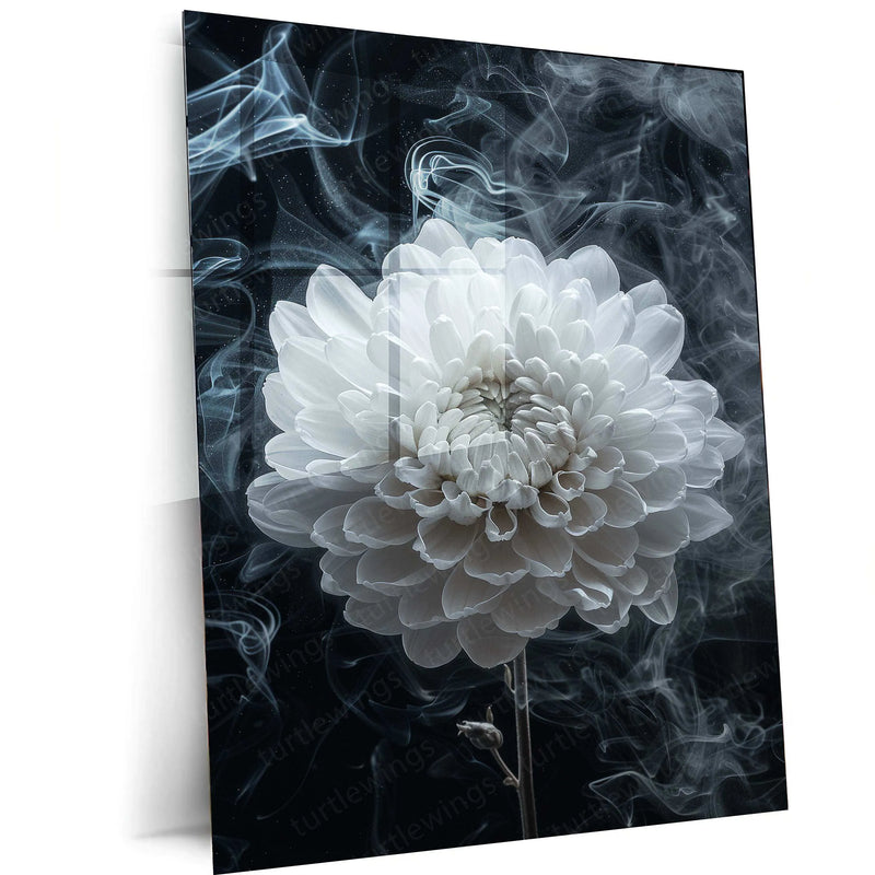 White Chrysanthemum Line Art on Black Background – Elegant Metal Poster - TURTLEWINGS 