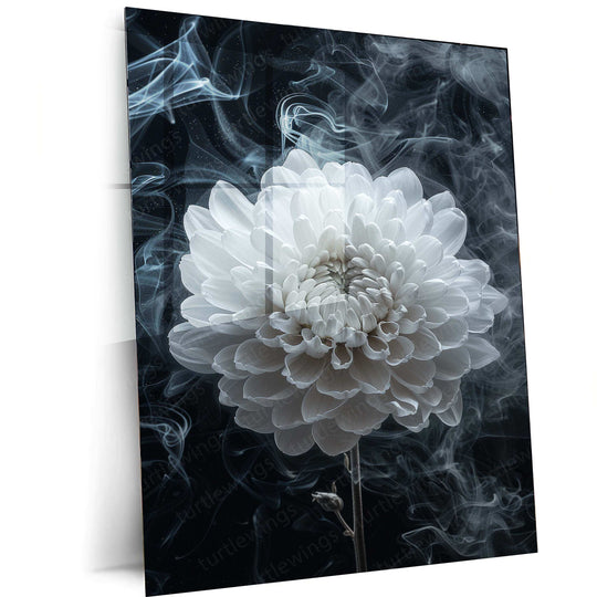 White Chrysanthemum Line Art on Black Background – Elegant Metal Poster - TURTLEWINGS 