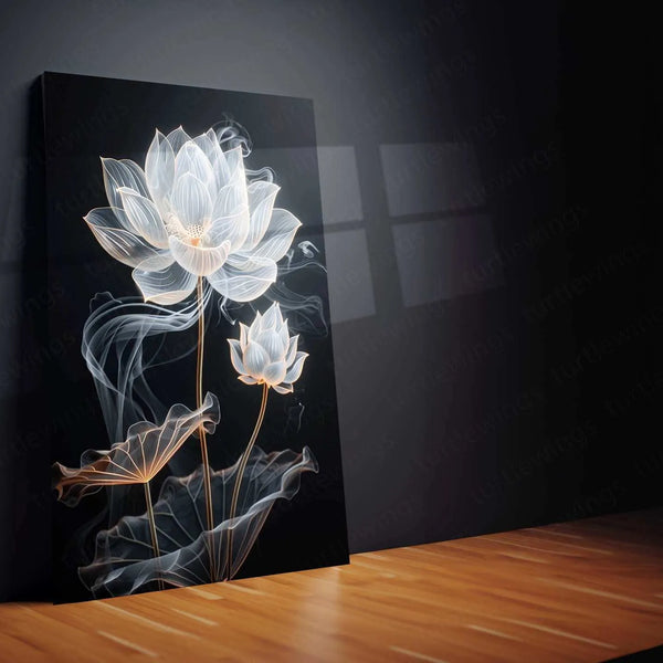 White Lotus & Bud Line Art on Black Background – Elegant Metal Poster - TURTLEWINGS 