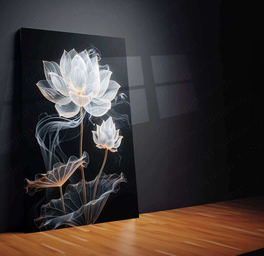 White Lotus & Bud Line Art on Black Background – Elegant Metal Poster - TURTLEWINGS 