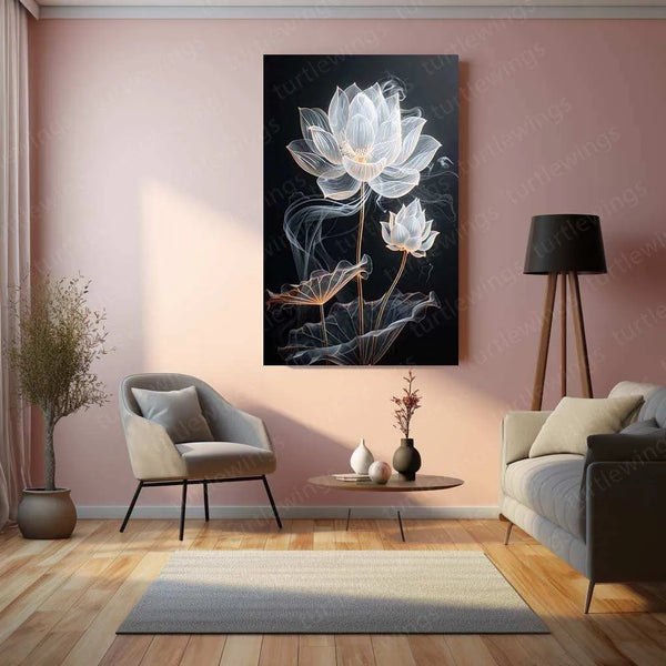 White Lotus & Bud Line Art on Black Background – Elegant Metal Poster - TURTLEWINGS 