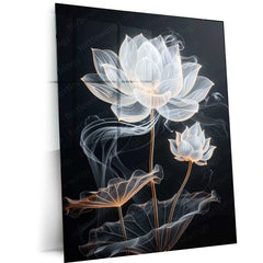 White Lotus & Bud Line Art on Black Background – Elegant Metal Poster - TURTLEWINGS 