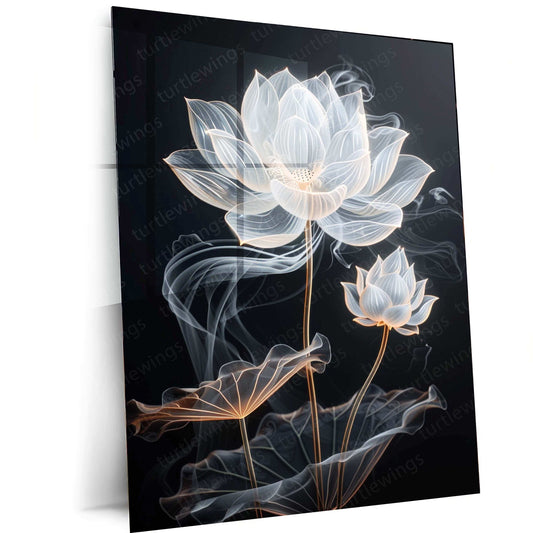 White Lotus & Bud Line Art on Black Background – Elegant Metal Poster - TURTLEWINGS 