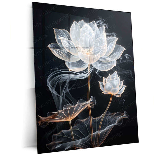 White Lotus & Bud Line Art on Black Background – Elegant Metal Poster - TURTLEWINGS 