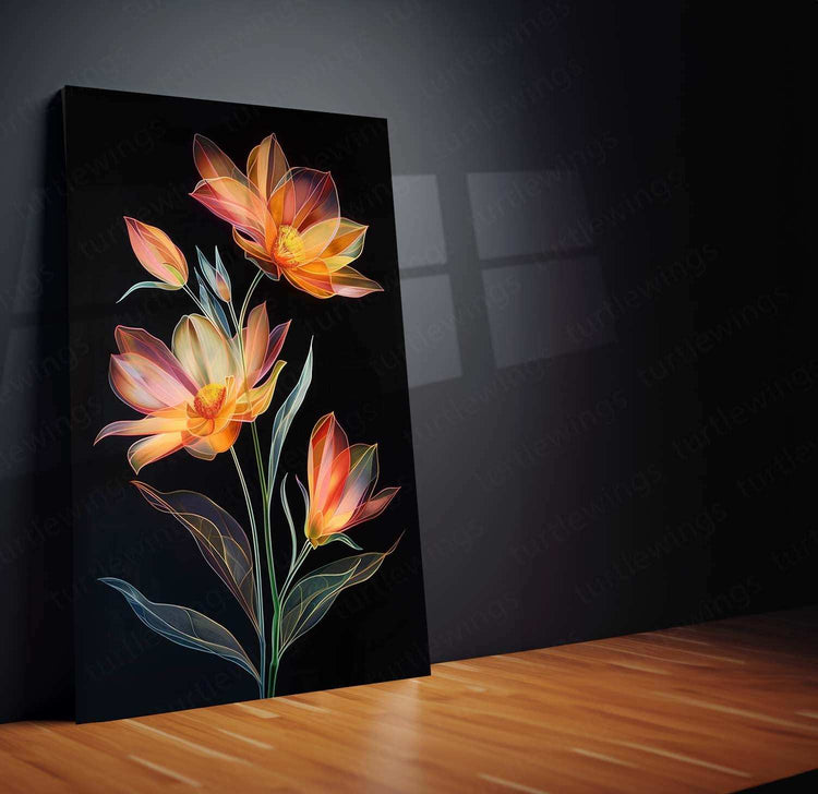 Two Coreopsis Flowers & Bud Line Art on Black Background – Elegant Metal Poster - TURTLEWINGS 