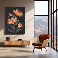 Two Coreopsis Flowers & Bud Line Art on Black Background – Elegant Metal Poster - TURTLEWINGS 