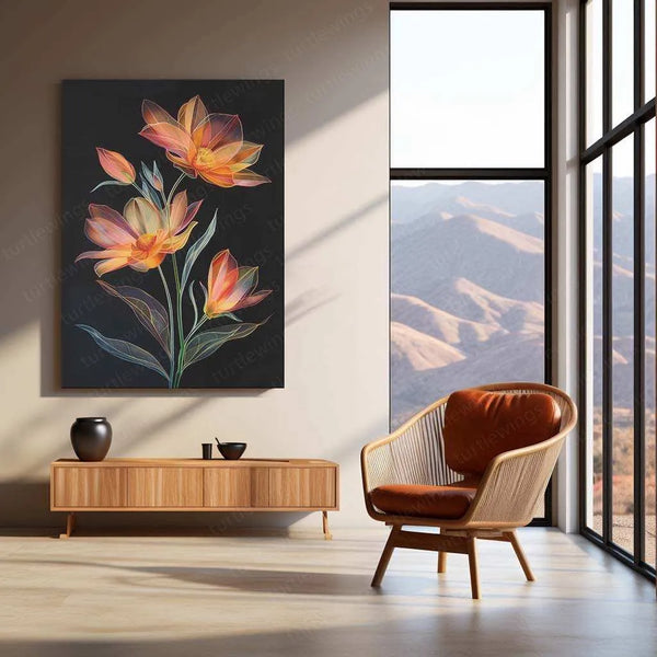 Two Coreopsis Flowers & Bud Line Art on Black Background – Elegant Metal Poster - TURTLEWINGS 