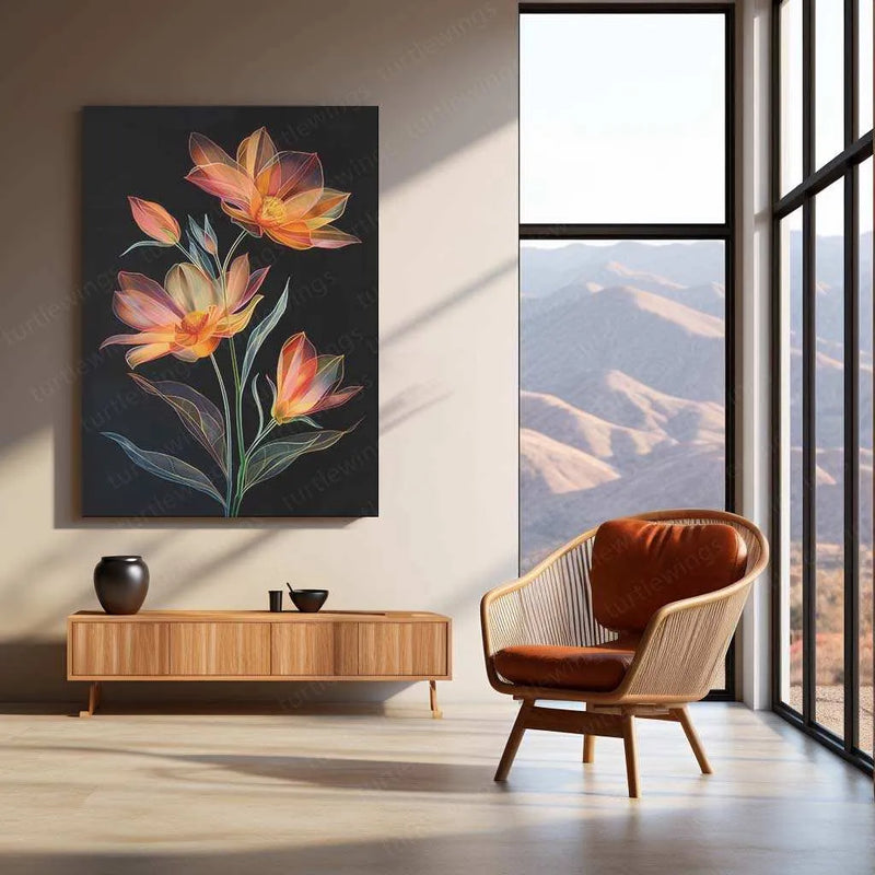 Two Coreopsis Flowers & Bud Line Art on Black Background – Elegant Metal Poster - TURTLEWINGS 