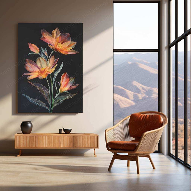 Two Coreopsis Flowers & Bud Line Art on Black Background – Elegant Metal Poster - TURTLEWINGS 