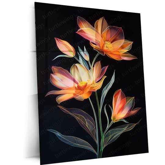 Two Coreopsis Flowers & Bud Line Art on Black Background – Elegant Metal Poster - TURTLEWINGS 