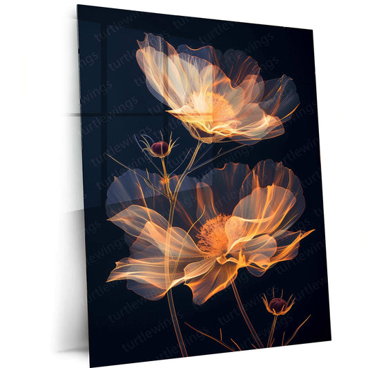 Two Coreopsis Flowers & Bud Line Art on Black Background – Elegant Metal Poster 2 - TURTLEWINGS 