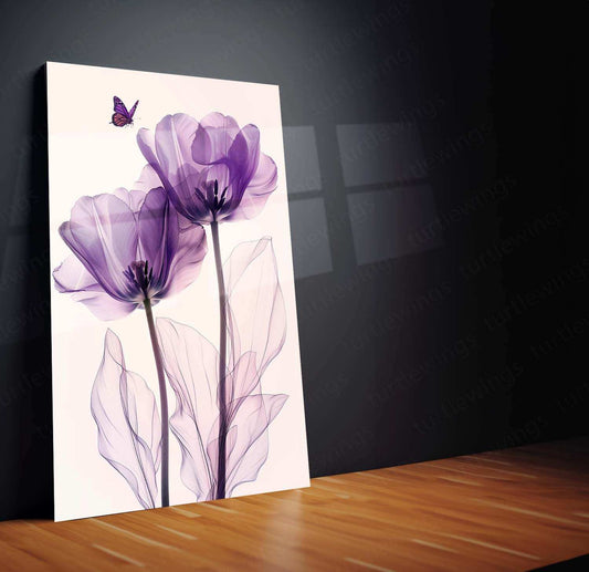 Three Purple Tulips Line Art on White Background – Elegant Metal Poster - TURTLEWINGS 