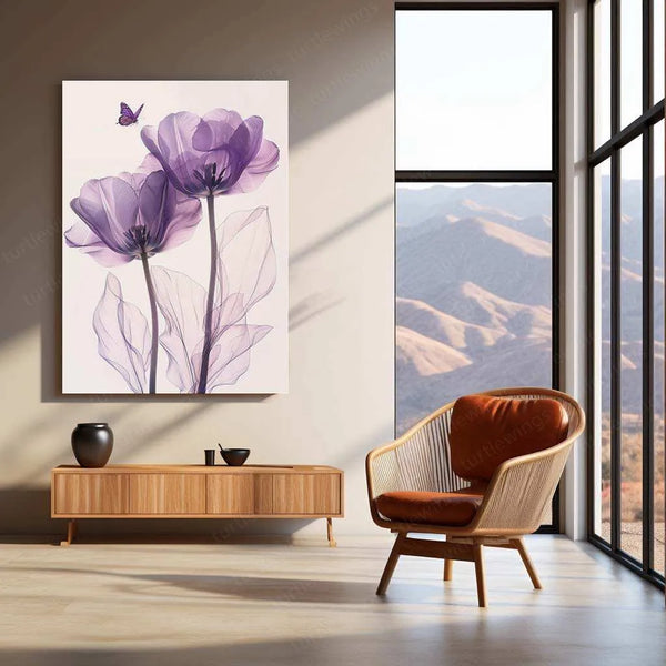 Three Purple Tulips Line Art on White Background – Elegant Metal Poster - TURTLEWINGS 