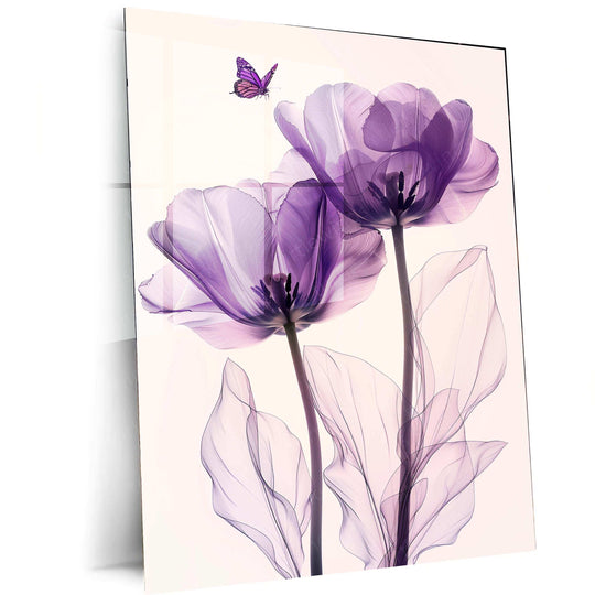 Three Purple Tulips Line Art on White Background – Elegant Metal Poster - TURTLEWINGS 