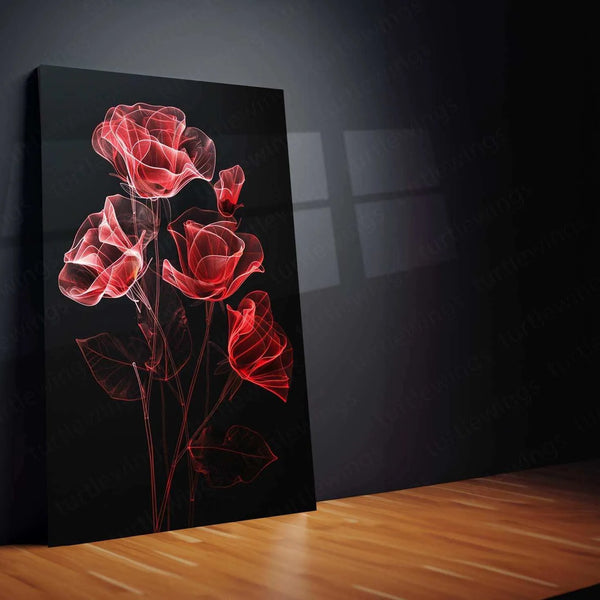 Red Roses Line Art on Black Background – Elegant Metal Poster - TURTLEWINGS 