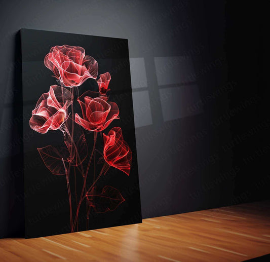 Red Roses Line Art on Black Background – Elegant Metal Poster - TURTLEWINGS 